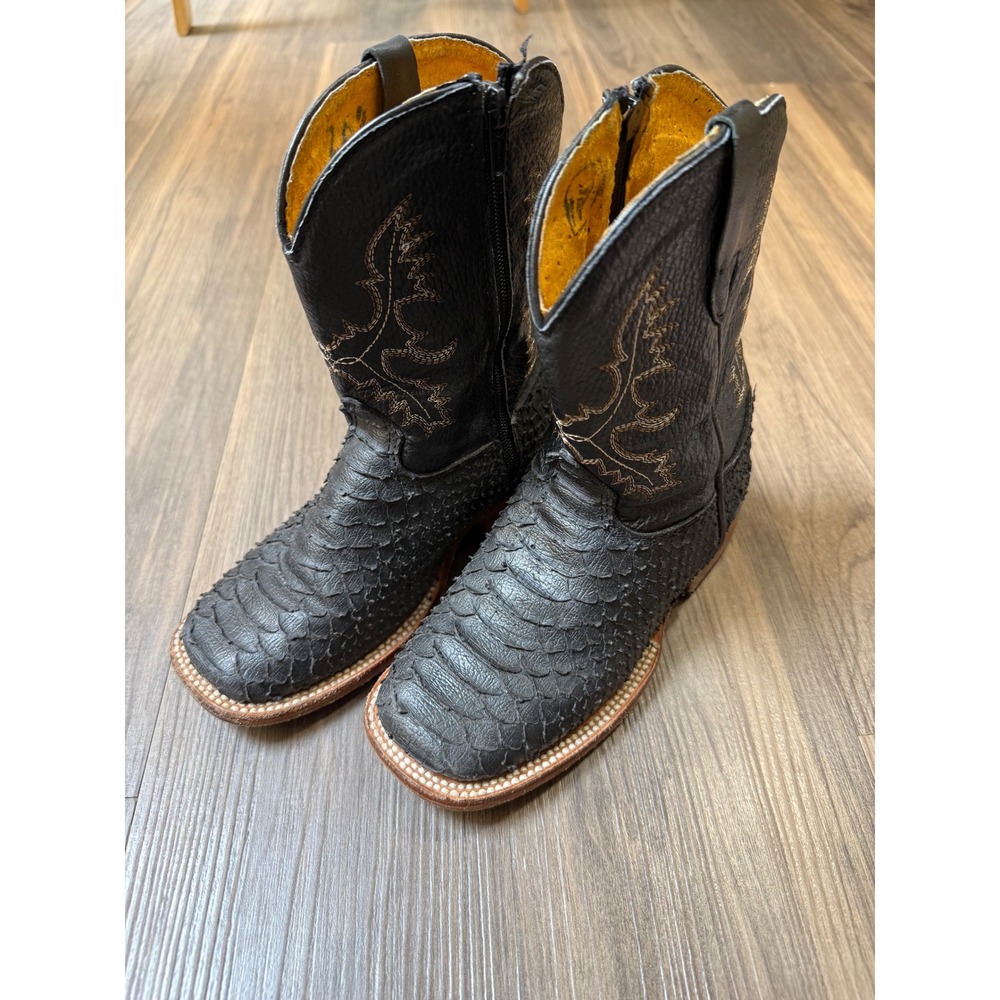 Python Imitation Western Boots Kids Size 2.5 Black Square Toe Rodeo Zip